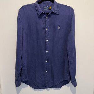 Polo Ralph Lauren Men's Large 100% Linen Button Down Navy With White Logo